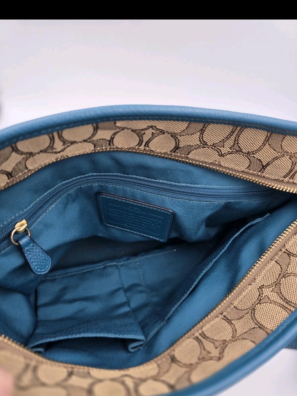 Coach Brown Signature Tote with Blue Trim - Picture 7 of 11